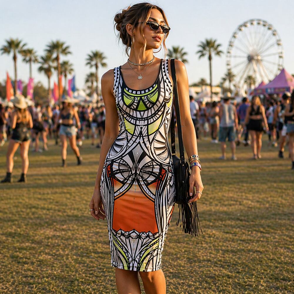 Jealous Tomato Y2 Bodycon Dress Sz S Art Deco Club Tribal Festival Geometric - Picture 1 of 13